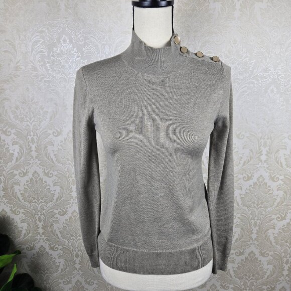 J Crew Size XXS Taupe Fine Knit Sweater Mock Neck Functional Buttons Long Slv - Picture 1 of 13
